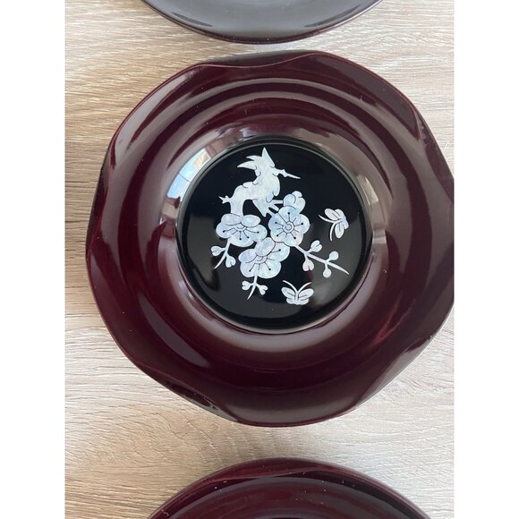 Vintage Set of 6 Asian Lacquer & Mother of Pearl in-lay cup covers coasters dish - Picture 2 of 7